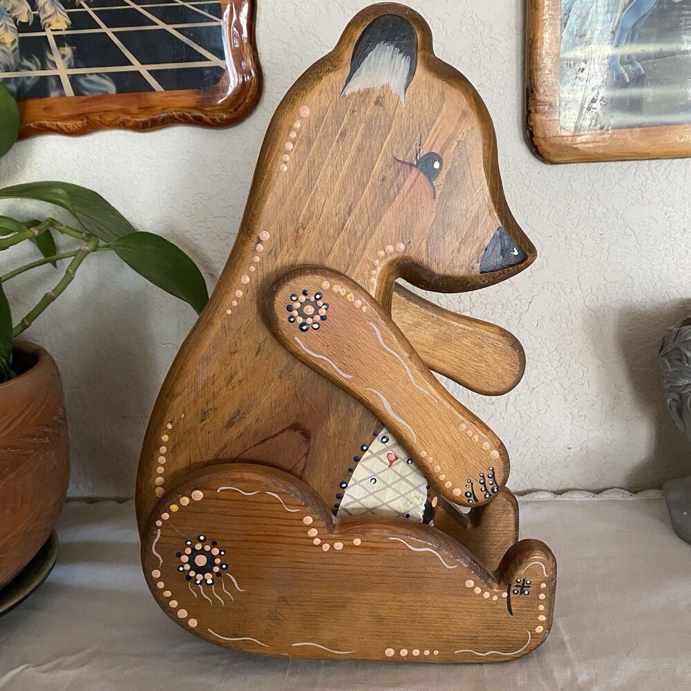 Vintage Large Carved Wooden Hand painted Bear. Movable Arms & Legs. Cottage Core